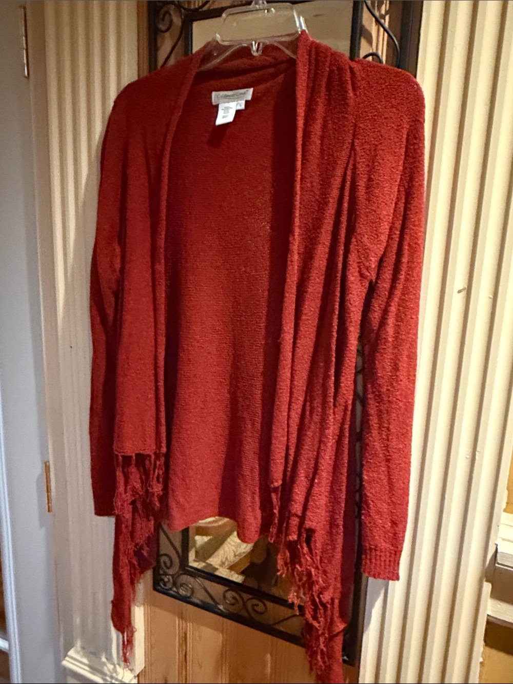 Coldwater Creek Cozy Open-Front Fringe Cardigan Sweater - Orange